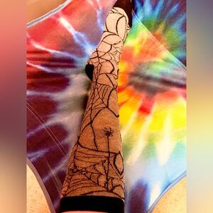 Gray & Black Spider’s Web Soft Knee High Socks Spooky Goth Fun